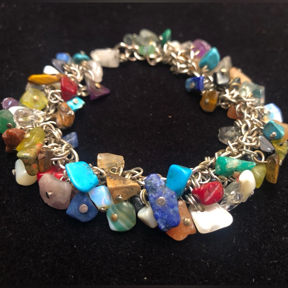HAND CRAFTED Multi-Color Genuine Gemstone Chip Dangle Charm Chain Bracelet